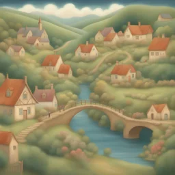 a whimsical scene of a country village, magical homes, running river, vegetation