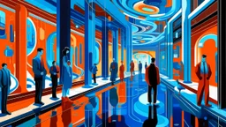 A digital painting by Kuniyoshi and Matisse of tech-people walking inside a futuristic matrix world.