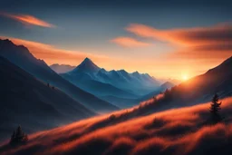 A serene mountain landscape during sunset with a blue and orange sky.