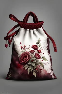 watercolor gothic vintage drawstring bag, purse, pouch, dark red with flowers, white lace and rubies, white background, Trending on Artstation, {creative commons}, fanart, AIart, {Woolitize}, by Charlie Bowater, Illustration, Color Grading, Filmic, Nikon D750, Brenizer Method, Side-View, Perspective, Depth of Field, Field of View, F/2.8, Lens Flare, Tonal Colors, 8K, Full-HD, ProPhoto RGB, Perfectionism, Rim Lighting, Natural Lightin