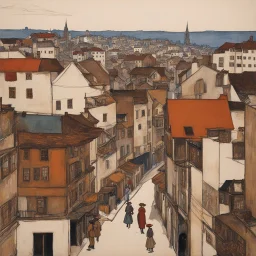 [poster by Egon Schiele] the vibrant streets of a city with a long history seen from above: old shops and buildings to skyscrapers