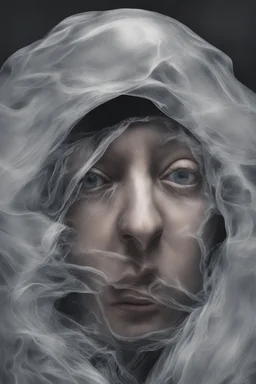 A realistic , 8k high quality image of a person's face from above, face is covered with a plastic, can't breath, suffocating with the face showing like vacuumed under the plastic, eyes open and looking in fear, metaphorically depicting the suffocating grip of anxiety, gothic and dramatic, chaos80 , with debree flying around, abstract