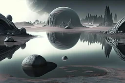 one grey exoplanet, pond, rocky landscape, sci-fi