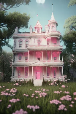 Victorian white house with pink flowers, in the style of Camilla d'Errico, hyper detailed, beautiful, complex, trending on artstation, cinema4d, cryengine, national geographic photo, chiaroscuro