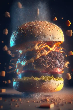 a burger turning into dust, extremely detailed dust particle details, natural colours, meticulously intricate perfectly symmetrical extremely detailed, pixiv daily ranking, pixiv, extreme depth of field, artstation, sculpture style, spectacular details, volumetric lighting, masterpiece, cinematic, Hollywood production, 8k resolution, high definition, max octane render, vivid colors, max resolution, unreal engine , max perfectionism, realistic composition, professional photography, max focus, mas