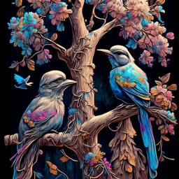 Fantasy birds in a tree, highly detailed, attractive beautiful, 1800’s, surreal, soft moody color splash, ink flowers on the ground Modifiers: digital painting extremely detailed fantasy high definition crisp quality Zentangle Style