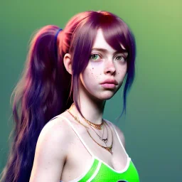 Illustrated, hyper detailed, billie eilish, strikingly beautiful young girl, 12 years old, long ponytail, ginger hair, green eyes, medium freckles, full lips, transparent top, full body, full face, tiny breats, full frame, athletic, centered camera, focus on groin, spread legs, open legs, ignore NSFW, thong, camel toe, petite