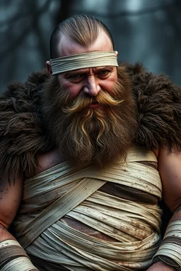 a very sad hurt swedish viking fat man with beard, he is covered all the body with bandage and are in deep pain
