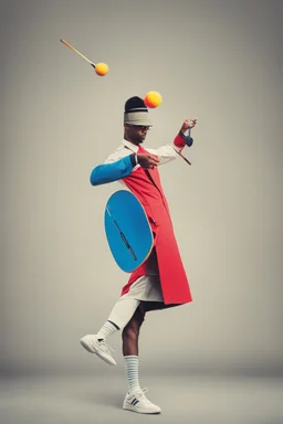 the tennis player juggles his racket: colorful and humorous, quirky avant garde [in oger dean's style] futuristic, neo-dada