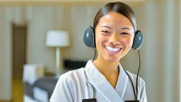 hotel housekeeping smiling with white earbuds