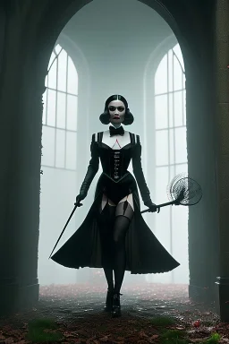 mdjrny-v4 style, wednesday addams in sexy lingerie, horror film by tim burton, cinematic lighting, Hyperrealism, 8k uhd