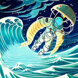 An astronaut floating in space surrounded by a halo of glowing jellyfish, done in the style of Hokusai's The Great Wave off Kanagawa