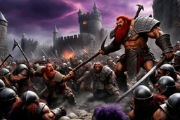 (photo of a movie by Ray Harryhausen) Chaotic battle scene during Dwarven defense against Orcs. Gritty, muscle-bound Dwarven warrior with red-beard swinging an axe into an Orc helm, intense rage expression. in the Background: a crowd of attacking Orcs and one tall armored Troll. Tall fortified Wall. Dark, turbulent, psychedelic sky with purple and deep green clouds, lightning flashes. Setting is mountain fortress, ground is muddy chaos. Smoke plumes and firelight from burning warmachines cast d