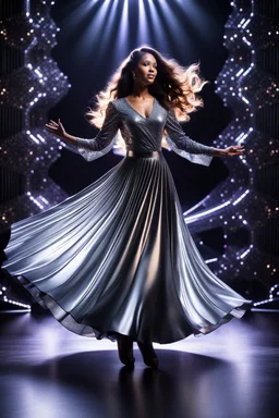 a 3d fractal stage structre made of metallic dark color 3d structures, pertty artistc background,dynamic lights,a beautiful lady in pretty maxi skirt and blouse dancing on stage