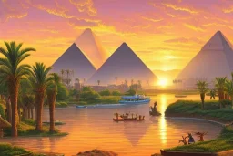 An ancient Egypt city at the Nile, pyramids in the background, Egyptian temples, by James gurney, lush vegetation, sunrise, stunning environment, perfect composition, professional digital painting, super highly detailed, wide-angle, extremely realistic, diffused lighting, 8 k Uhd, god rays