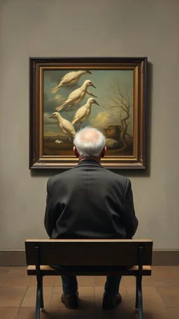 Bosch painting style a rear view of an old man sitting on a bench facing a a surrealism picture on the wall , show from the back of the picture
