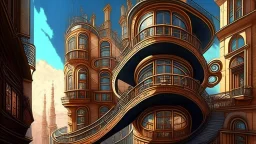 long, winding, steampunk cross-roads, windows, pipes, steps, balconies, people shopping, clear sky, cityscape