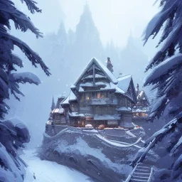 Snow,Chalet on bridges between chasm,mountains cliff, mountain peak,detailed facades+beautiful,richly detailed houses,trees,ornamental flowers +uphill road+biopunk+Book illustration by Gediminas Pranckevičius, Jean Baptiste Monge, Brian Kesinger, Anton fadeev, strong lines, high contrast vibrant colors, highly detailed, 16k resolution