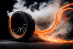 dark background. from the bottom right is a billowing white smoke spiraling from tires(off screen) into smaller strings across the composition, electricity, spray of orange metal sparks streaking across. energetic motion effect.