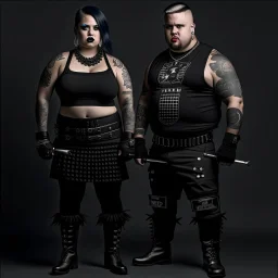 Picture of a photrealistic, lifelike,young 33 year old chubby extreme tatood girl with big scary knifes in her hands and a 25 years old boy, dressed in gothpunk clothing and boots,