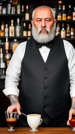 full figure photography of a turkish barman serving coffee, 62 years old, strong chubby man , bearded, in vest, shaved hairs, tattoo, serious eyes, photorealistic, Canon EOS, hyper-realistic, very detailed, emotive eyes, natural colours, sunlight