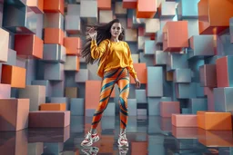 beautiful lady with todays modern clothing and sport shoes, in surreal stage made of 3d fractal random size recursive objects with helical strip colors in clothing similar to environment full body dancing to camera,animating background metallic random color cubes