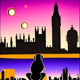 A monkey playing the drums, london skyline at night, in the style of Salvador Dali