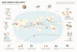 An infographic showing the interconnectedness of global financial markets, including stock exchanges, commodity markets, and bond markets. flat. without text