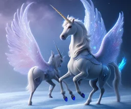 surreal illustration of a unicorn on princes frozen ground, realistic, surrealism, surreal unicorn with glowing wings, glowing soft and smooth wings, shadow, abstract surreal fantasy art, highly detailed, intricate patterns on wings, soft studio lighting, smooth dark blue background 64k