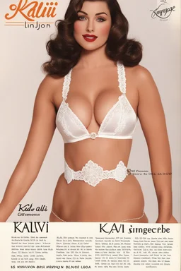 Vintage Lingerie Catalog Page: KALVI ALL GARMENTS ARE AVAILABLE IN WHITE 8 Deep plunge lace trim Nyion Satin Bra. Adjustable stretch straps. NYLON 85% minimum. 11R 623 Peach Plunge Bra 11J 624 White Plunge Bra Order bust 32A 34A 36A sizes: 34B 36B 388 34С 36C 38C C3.99 Nyton Satin deep lace trim French Knickers. Cotton lined ousset NYLON. 105 452 Peach 10X 453 White Order hip sizes: 34/38 ins. French Knickers C3.50 10 yion Satin deep lace trim Cami Krickers. NYLON. 10W 458 Peach 10E 459 White Or