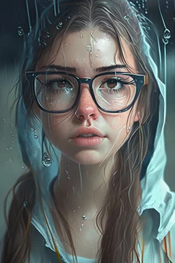 Cute girl with glasses with wet see trough clothes