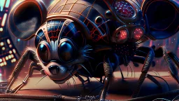 a spider mickey mouse hybrid, photorealism, movie screen capture, horror, sci-fi, retrofuturism,