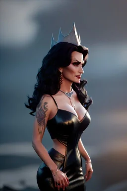 Lisa Ann as evil queen in black leather gown, cleavage, angry, stern look, unreal 5, octane render,cinema4d, dynamic lighting, dramatic lighting, 4k, redshift render, highly detailed, hyper realistic