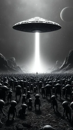 A land filled with hundreds of aliens in a bright light at the end of the picture a huge spacecraft object hovering above , cinematic, 8k, in black and white, fine line draw