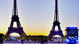 A police Tesla Cybertruck is chasing a Tesla 'Model S Plaid' at top speed, by the Eiffel Tower, in Paris. CINEMATIC. WIDE ANGLE LENS.