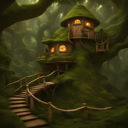 A whimsical, fantastical treehouse-like structure with large, expressive eyes and a friendly, cartoonish face, nestled in a lush, verdant forest landscape with winding pathways, mossy rocks, and abundant greenery. The architectural details evoke an enchanting, fairy tale-like atmosphere, blending seamlessly with the natural surroundings.