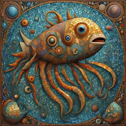 (pronounced mosaic textures:1.5), Enhanced surrealism, weirdcore aquatic creature contrivance, unregulated absurdity, by Desmond Morris and John Stephens, mind-bending surreal image, mosaic art,