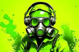 draw gas masked scientist with headphones and goggles. make the theme yellow and green