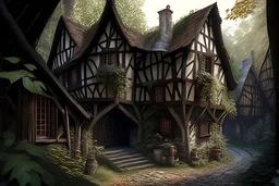 large medieval gothic, wooden inn, with a balcony, next to a cobbled road, in a wood, dense foliage, photo-realistic