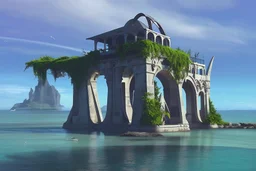 A futuristic ruined gothic building on an island floating over the sea with balconies, verandas, many arches, bridges, spires, paths, trees, dense foliage, spanish moss, ivy, blue sky, white clouds