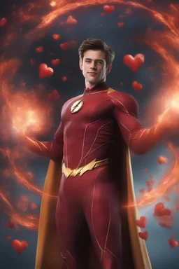 Grant Gustin as The Flash - 3D bubbles, 3D hearts, multicolored lightning, aurora borealis, UFOs, Devil's Tower, fireflies, professional quality digital photograph, happy time