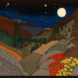 Colourful, peaceful, Egon Schiele, Gustav Klimt, night sky filled with galaxies and stars, rocks, trees, flowers, one-line drawing, sharp focus, 8k, deep 3d field, intricate, ornate