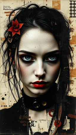 Abstract art, hand assembled, full body female goth rocker portrait from found objects collage, random textile textures, mixed media, Wassily Kandinsky, Jerry Uelsmann, Paul Klee, double color exposure, surreal, otherworldly, dark noir, atmospheric, decayed, sorrowful, forlorn