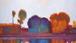 A colorful abstract landscape with a body of water reflecting the vibrant orange, blue, and purple hues of the sky and trees. The scene has a dreamlike, surreal quality with blurred and distorted shapes