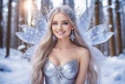 very beautiful fairy women with long hair, little smile, with cosmic silver metallic suite and brightly earings. in the background there is a bautiful little magic forest with snow and sky with stars and light beam