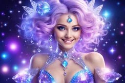 beautiful bright fairy cosmic women with cosmic hair, crystal jewel and dressed with a magic crystal suit. she has light make up and a sweety smile