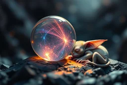 airbrush with pen outline, gremlin sleeping too close to a reflective orb containing plasma in the style of Escher , bokeh like f/0.8, tilt-shift lens 8k, high detail, smooth render, down-light, unreal engine, prize winning