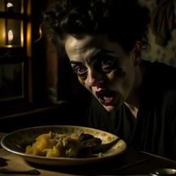 Strong texture, photorealism, Caravaggio, Egon Schiele. Intricate patterns, hypermaximalist. Photo made of inside house, an eerily mysterious, hidden and odd person is eating, a witchy house, sober style, pastel colors. Movie shot, spooky. Sinister scribbles, 33mm photography. Beasts