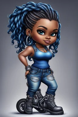 create an airbrush illustration of a chibi cartoon voluptuous black female wearing a blue jean outfit with biker boots. Prominent make up with hazel eyes. Extremely highly detail of a short and shiny twisted dreadlocks. Background of a bike show.