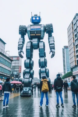 little people looking at huge dancin giant robot of vitalik buterin at tokyo shibuya crossroads in the rain